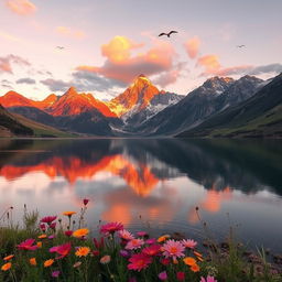 A breathtaking view of a tranquil mountain scene during sunset, featuring majestic peaks bathed in warm orange and pink hues, reflecting in a still lake below