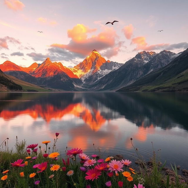 A breathtaking view of a tranquil mountain scene during sunset, featuring majestic peaks bathed in warm orange and pink hues, reflecting in a still lake below