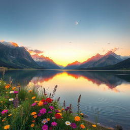 A breathtaking view of a tranquil mountain scene during sunset, featuring majestic peaks bathed in warm orange and pink hues, reflecting in a still lake below