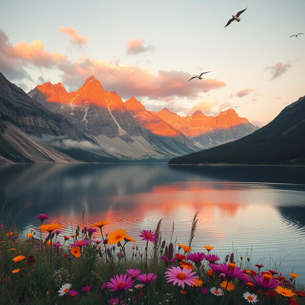A breathtaking view of a tranquil mountain scene during sunset, featuring majestic peaks bathed in warm orange and pink hues, reflecting in a still lake below