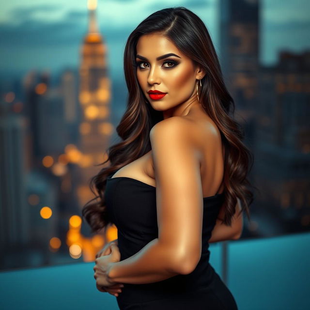 A confident and alluring woman with a voluptuous figure, posing elegantly in a close-up shot that highlights her curves