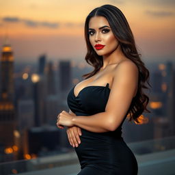 A confident and alluring woman with a voluptuous figure, posing elegantly in a close-up shot that highlights her curves