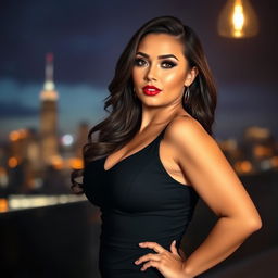 A confident and alluring woman with a voluptuous figure, posing elegantly in a close-up shot that highlights her curves