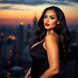 A confident and alluring woman with a voluptuous figure, posing elegantly in a close-up shot that highlights her curves