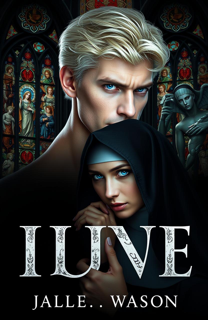 A captivating ebook cover featuring a white, blond, blue-eyed man with an alluring yet mischievous expression, set against a backdrop of a gothic church with intricate stained glass windows depicting saints and angels