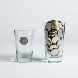 Two equal-sized glasses positioned in a minimalist setting, one glass containing a single simple silver coin, while the other glass is filled to the brim with numerous simple silver coins