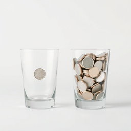 Two equal-sized glasses positioned in a minimalist setting, one glass containing a single simple silver coin, while the other glass is filled to the brim with numerous simple silver coins