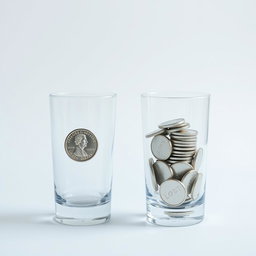 Two equal-sized glasses positioned in a minimalist setting, one glass containing a single simple silver coin, while the other glass is filled to the brim with numerous simple silver coins