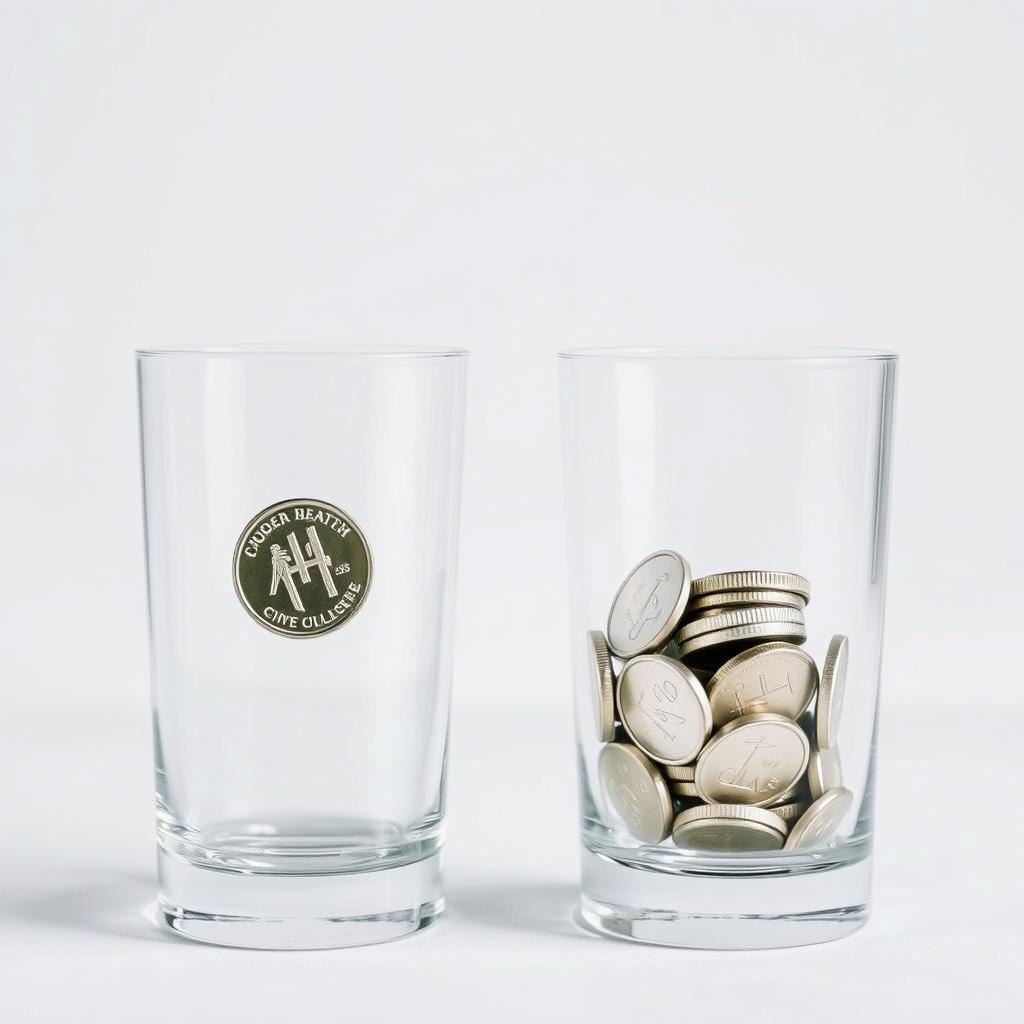 Two equal-sized glasses positioned in a minimalist setting, one glass containing a single simple silver coin, while the other glass is filled to the brim with numerous simple silver coins