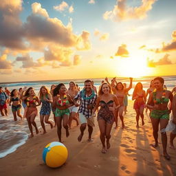 A vibrant scene of people dancing joyfully on a sunny beach, surrounded by gentle waves and golden sand