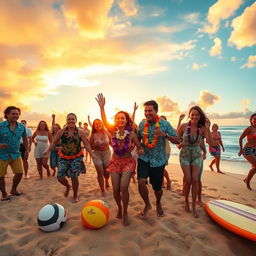 A vibrant scene of people dancing joyfully on a sunny beach, surrounded by gentle waves and golden sand