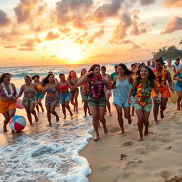 A vibrant scene of people dancing joyfully on a sunny beach, surrounded by gentle waves and golden sand