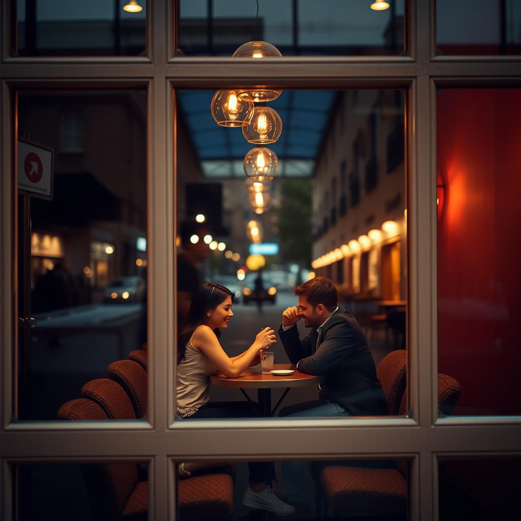 A romantic couple sitting at a small table in a cozy cafe, visible through a transparent window