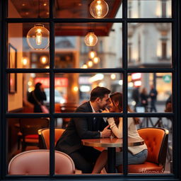 A romantic couple sitting at a small table in a cozy cafe, visible through a transparent window