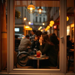 A romantic couple sitting at a small table in a cozy cafe, visible through a transparent window