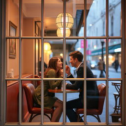 A romantic couple sitting at a small table in a cozy cafe, visible through a transparent window