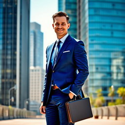 A stylish businessman named Jack Butcher, wearing a tailored blue suit, standing confidently in an urban setting