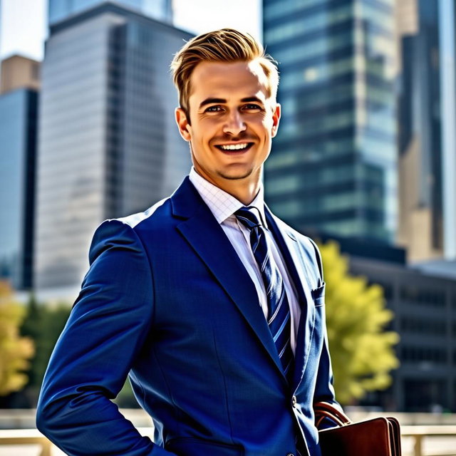 A stylish businessman named Jack Butcher, wearing a tailored blue suit, standing confidently in an urban setting