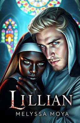A captivating ebook cover for 'Lillian' by Melyssa Moya, featuring a romantic yet intense scene between a striking demon and a devoted nun