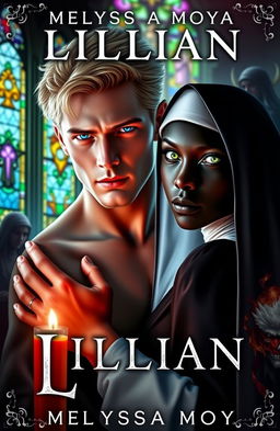 A captivating ebook cover for 'Lillian' by Melyssa Moya, featuring a romantic yet intense scene between a striking demon and a devoted nun