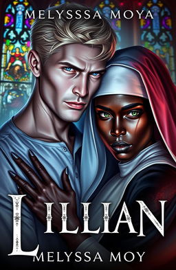 A captivating ebook cover for 'Lillian' by Melyssa Moya, featuring a romantic yet intense scene between a striking demon and a devoted nun
