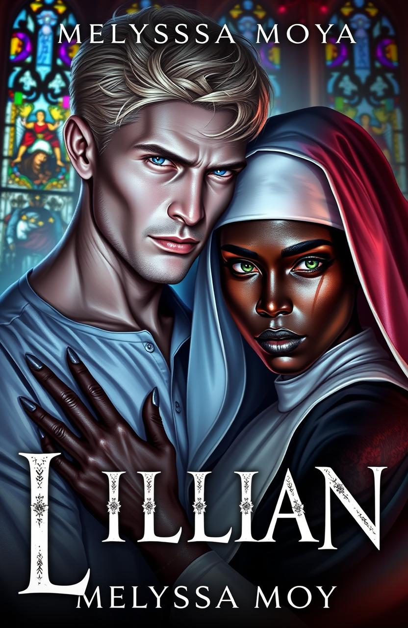 A captivating ebook cover for 'Lillian' by Melyssa Moya, featuring a romantic yet intense scene between a striking demon and a devoted nun