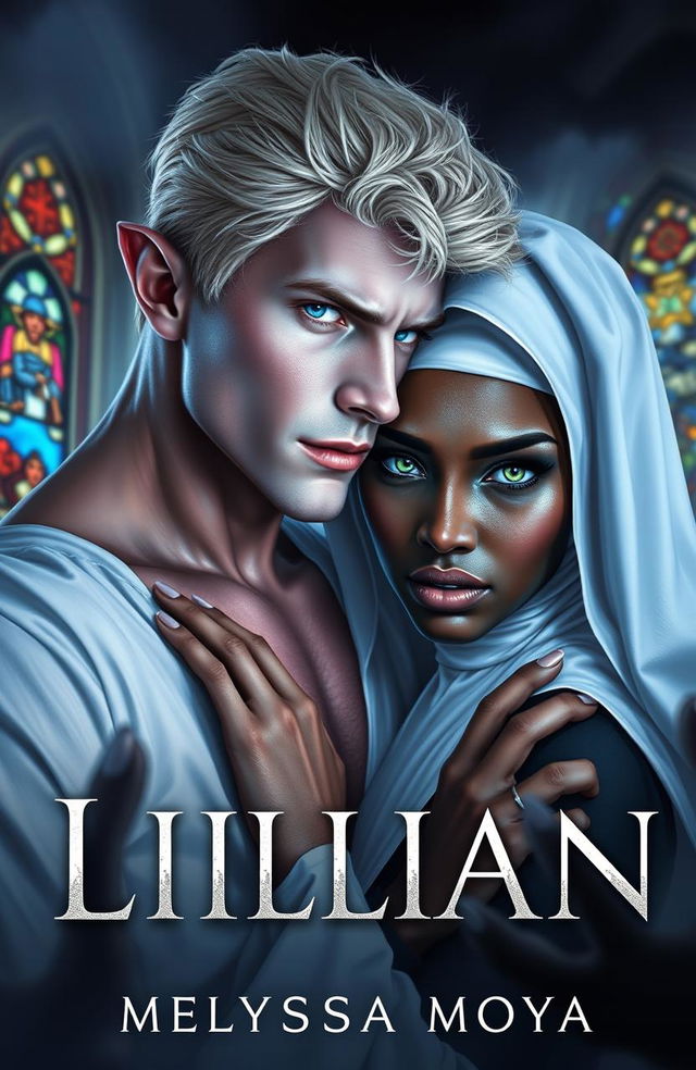 A captivating ebook cover for 'Lillian' by Melyssa Moya, featuring a romantic yet intense scene between a striking demon and a devoted nun