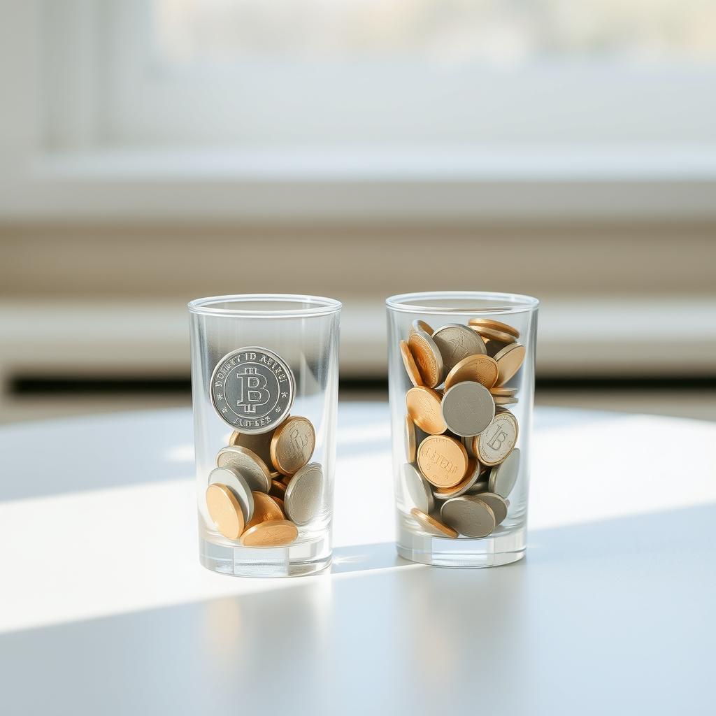 A minimalist interior scene featuring two identical glass containers placed on a simple, plain table