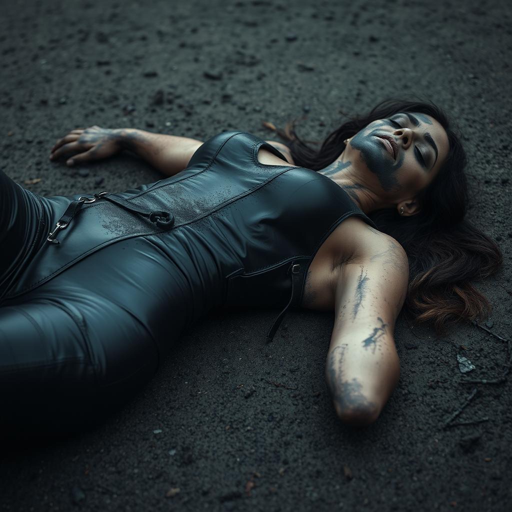 A dead woman with burned skin, wearing tight leather clothing, lying on the ground, charred and lifeless, captured in a dramatic, expressive way
