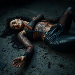 A dead woman with burned skin, wearing tight leather clothing, lying on the ground, charred and lifeless, captured in a dramatic, expressive way