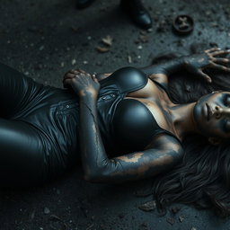 A dead woman with burned skin, wearing tight leather clothing, lying on the ground, charred and lifeless, captured in a dramatic, expressive way