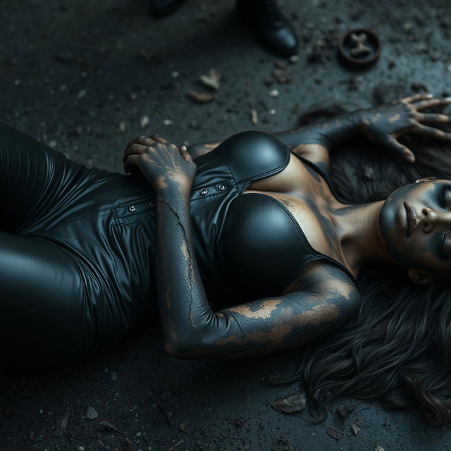 A dead woman with burned skin, wearing tight leather clothing, lying on the ground, charred and lifeless, captured in a dramatic, expressive way