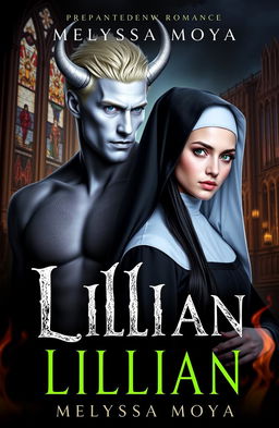 An ebook cover for 'Lillian' by Melyssa Moya featuring a dramatic romance between a demon and a nun