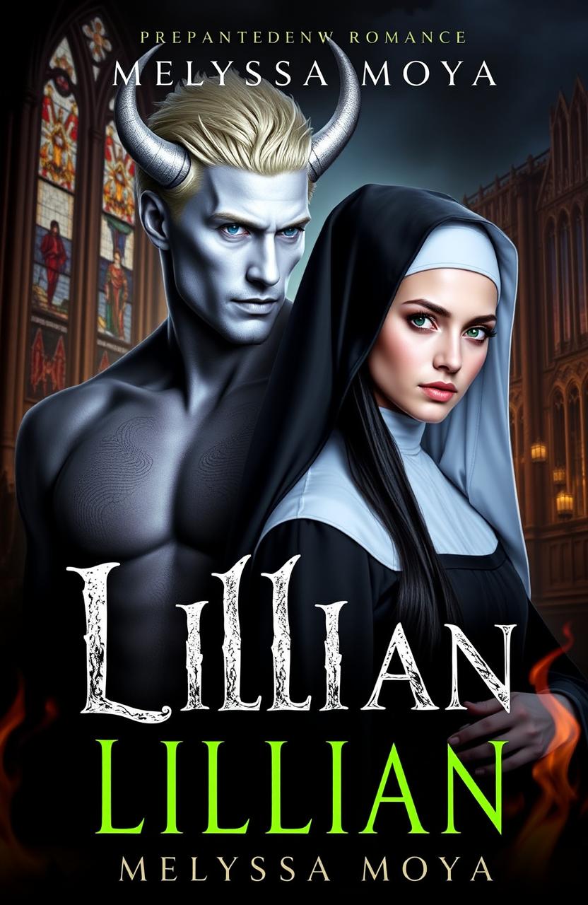 An ebook cover for 'Lillian' by Melyssa Moya featuring a dramatic romance between a demon and a nun