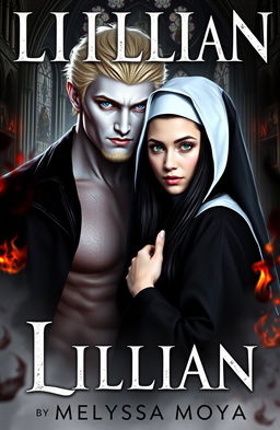 An ebook cover for 'Lillian' by Melyssa Moya featuring a dramatic romance between a demon and a nun