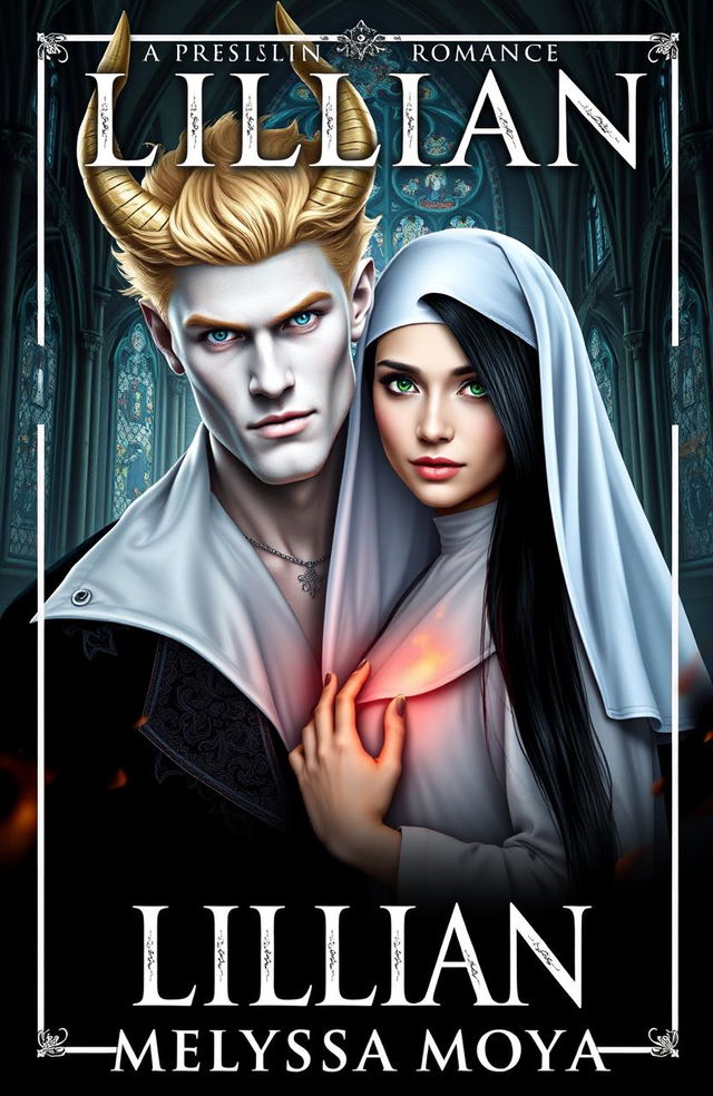 An ebook cover for 'Lillian' by Melyssa Moya featuring a dramatic romance between a demon and a nun