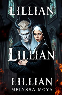 An ebook cover for 'Lillian' by Melyssa Moya featuring a dramatic romance between a demon and a nun