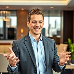 A charismatic businessman named Jack Butcher, with short, slicked-back hair and a confident smile, standing in a professional setting