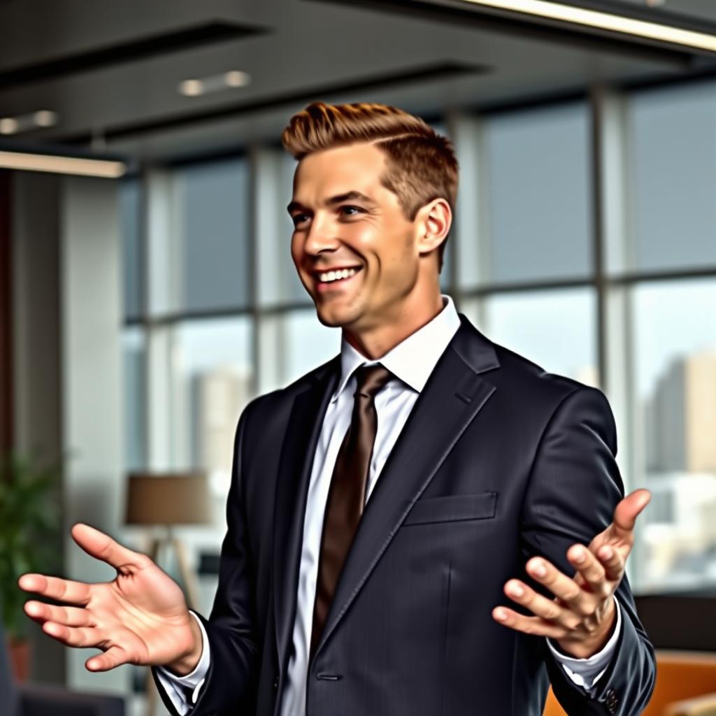 A charismatic businessman named Jack Butcher, with short, slicked-back hair and a confident smile, standing in a professional setting