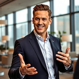 A charismatic businessman named Jack Butcher, with short, slicked-back hair and a confident smile, standing in a professional setting