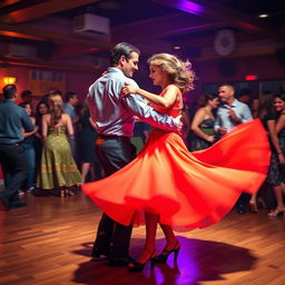 A vibrant and energetic salsa dancing scene featuring two skilled dancers in mid-performance