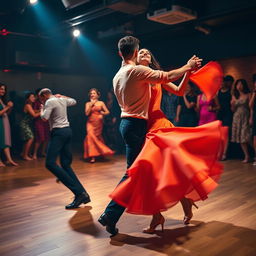 A vibrant and energetic salsa dancing scene featuring two skilled dancers in mid-performance