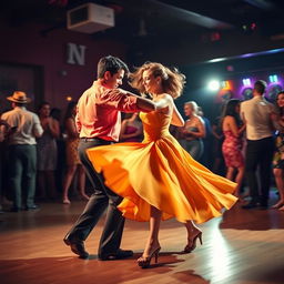 A vibrant and energetic salsa dancing scene featuring two skilled dancers in mid-performance