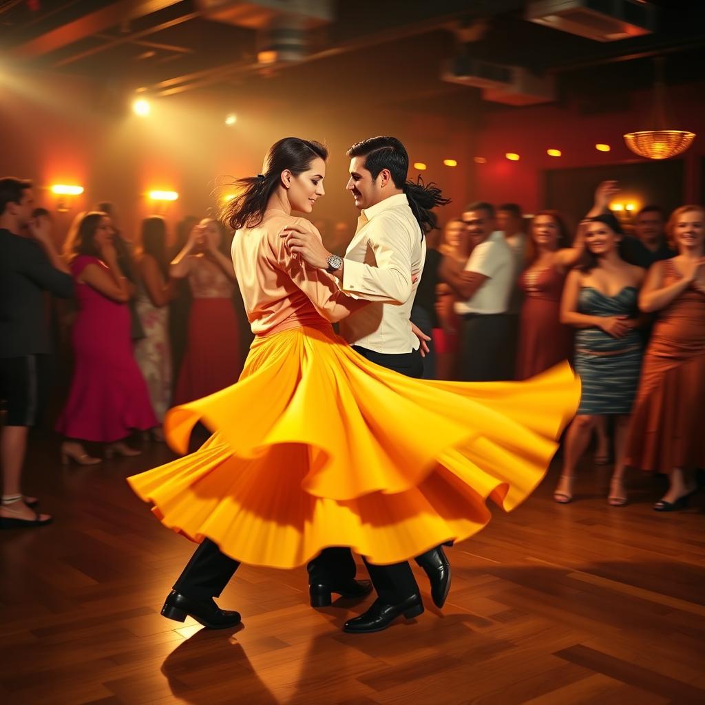 A vibrant and energetic salsa dancing scene featuring two skilled dancers in mid-performance