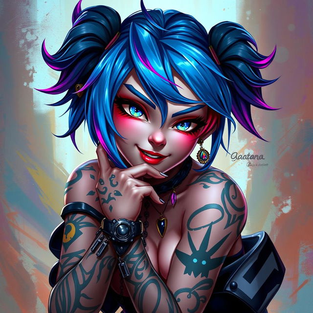 A beautifully rendered portrait of Jinx from the Arcane series, depicted in a fantastical and artistic style