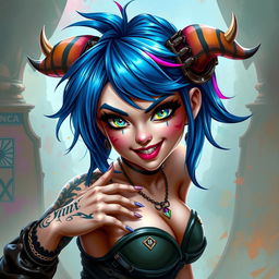 A beautifully rendered portrait of Jinx from the Arcane series, depicted in a fantastical and artistic style