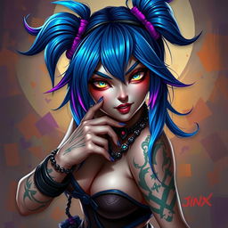 A beautifully rendered portrait of Jinx from the Arcane series, depicted in a fantastical and artistic style