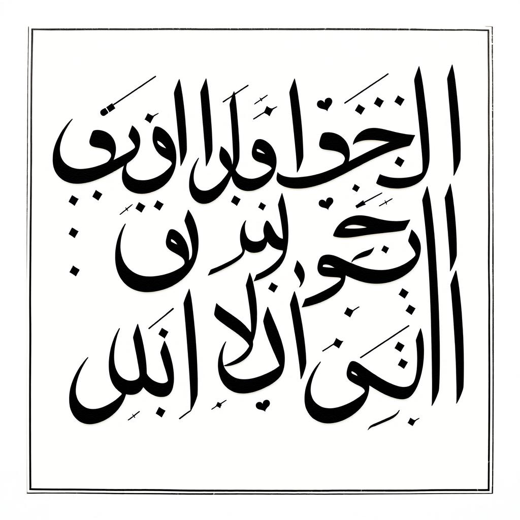 A square frame containing beautifully arranged Persian Nastaliq letters, creating striking combinations much like Behzad Golpayegani's white on white collection, but uniquely rendered in bold black