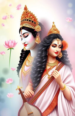 A divine representation of Laxmi Maa and Saraswati Maa in one image, showcasing the upper half of Laxmi Maa adorned in traditional Indian attire with intricate gold jewelry, and the lower half of Saraswati Maa dressed in a pristine white sari, holding a veena