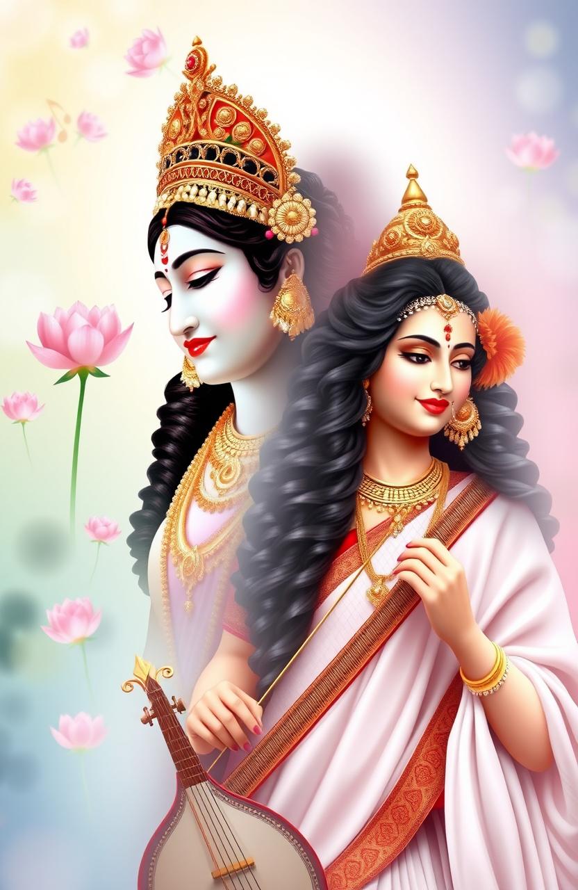 A divine representation of Laxmi Maa and Saraswati Maa in one image, showcasing the upper half of Laxmi Maa adorned in traditional Indian attire with intricate gold jewelry, and the lower half of Saraswati Maa dressed in a pristine white sari, holding a veena